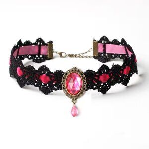 Vintage Style Pink Velvet Ribbon Lace Choker Necklace Z81